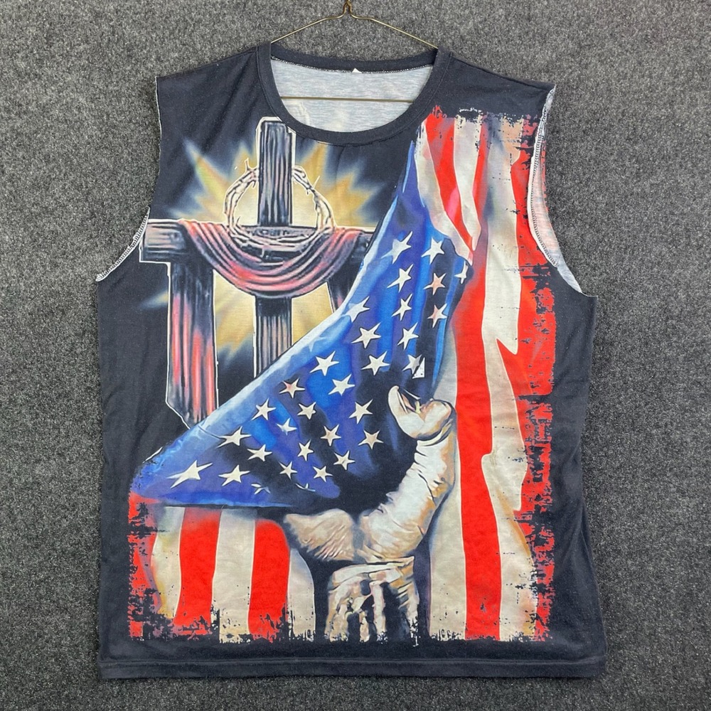 Unbranded Patriotic Christian Cross American Flag Muscle Tank Men's XL Black